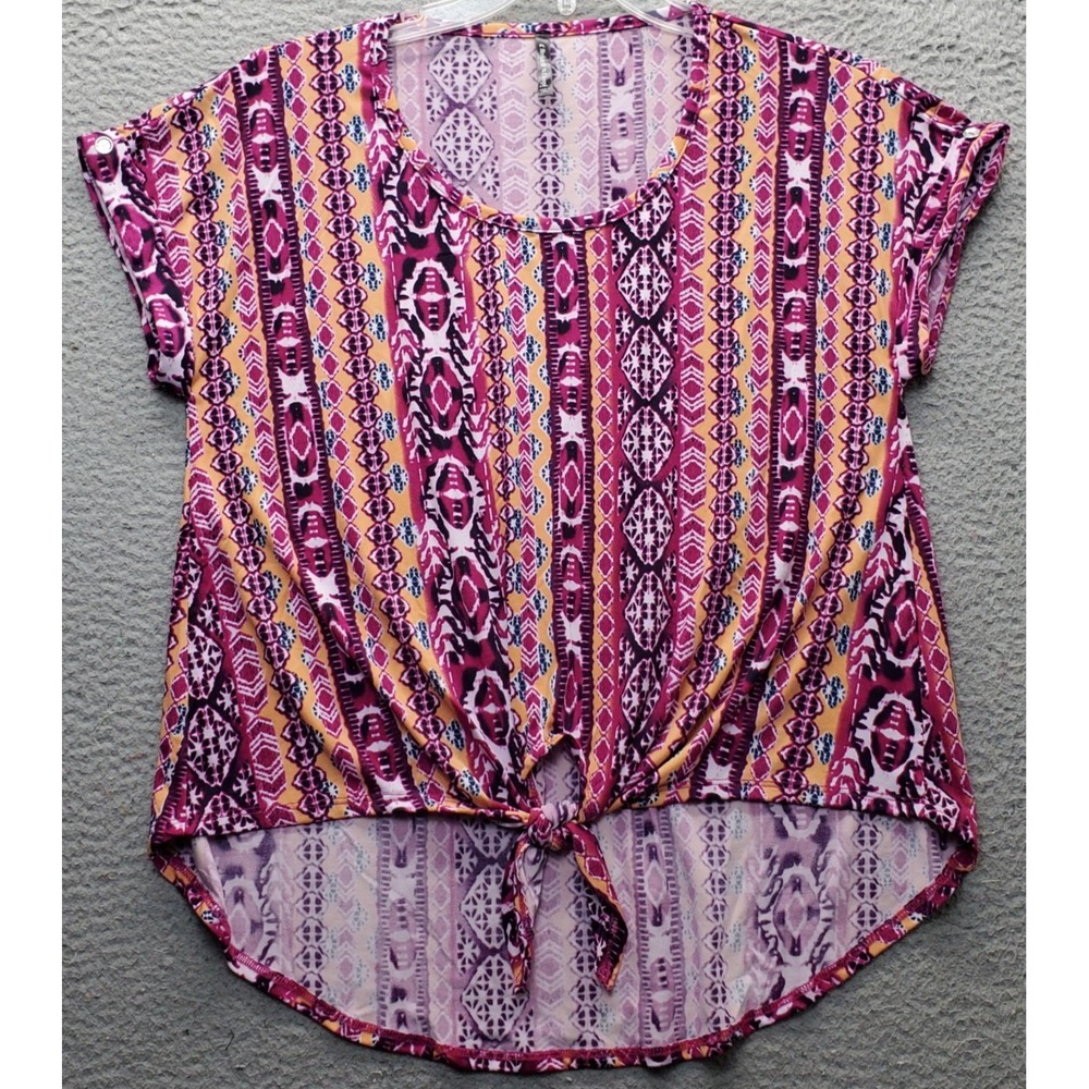 Bleeker & McDougal Blouse Top Womens PL Multi Geometric Twist Front Short Sleeve
